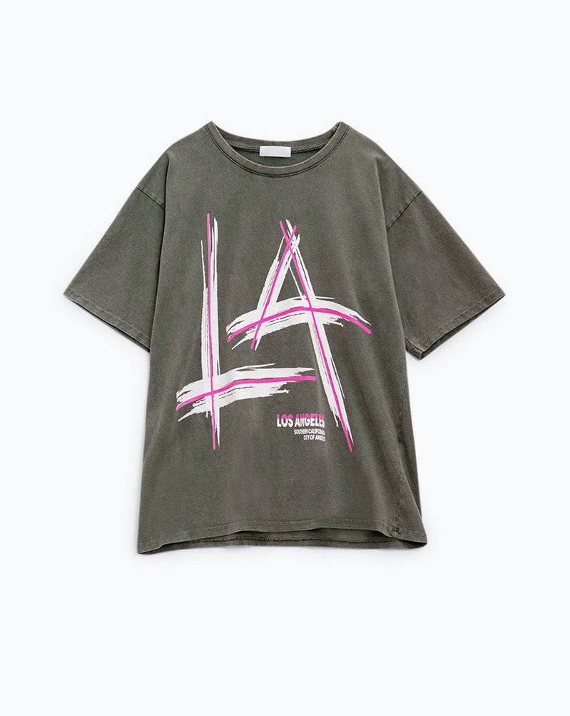 Grey Oversize T-Shirt Prints LA Los Angeles in Pink and White