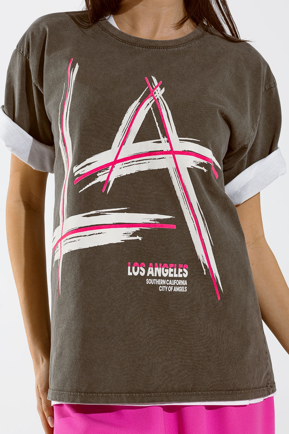 Grey Oversize T-Shirt Prints LA Los Angeles in Pink and White