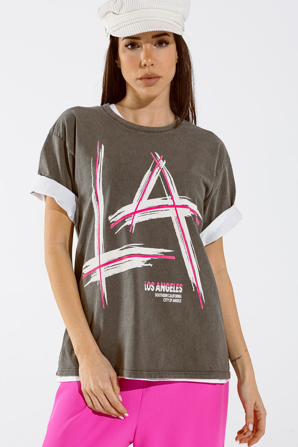 Grey Oversize T-Shirt Prints LA Los Angeles in Pink and White