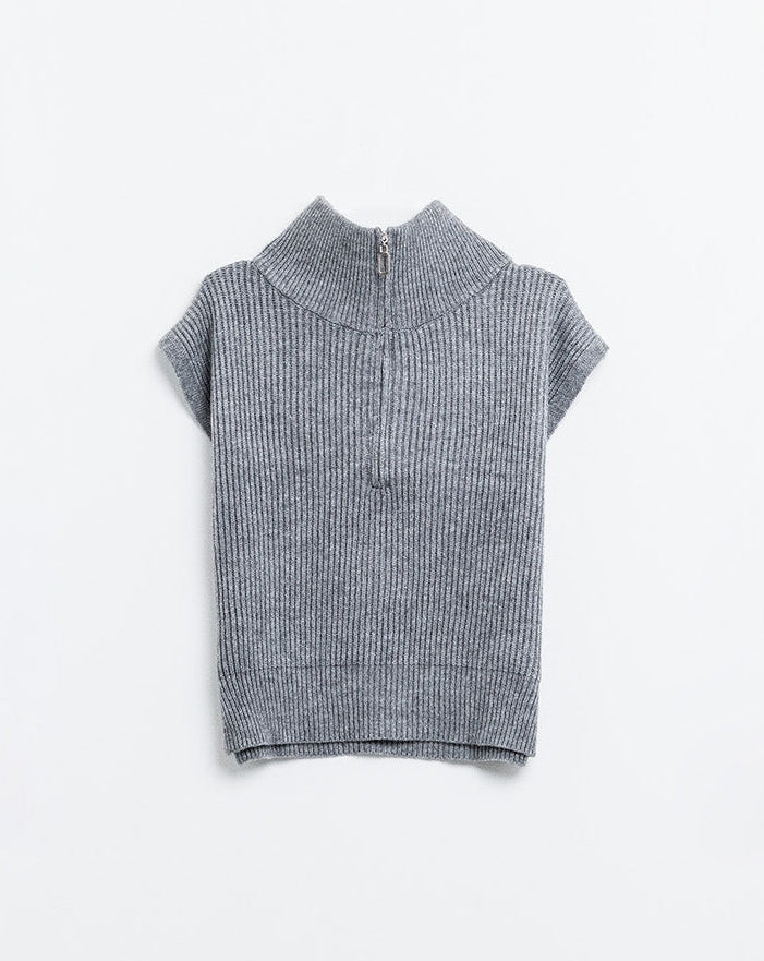Grey Sleeveless Turtleneck Sweater with Zipper Closure