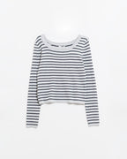 Grey Striped Fine Knit Sweater with Boat Neck