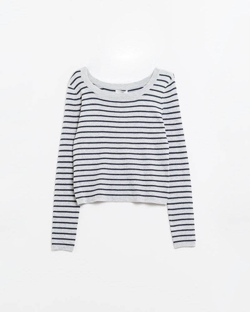 Grey Striped Fine Knit Sweater with Boat Neck
