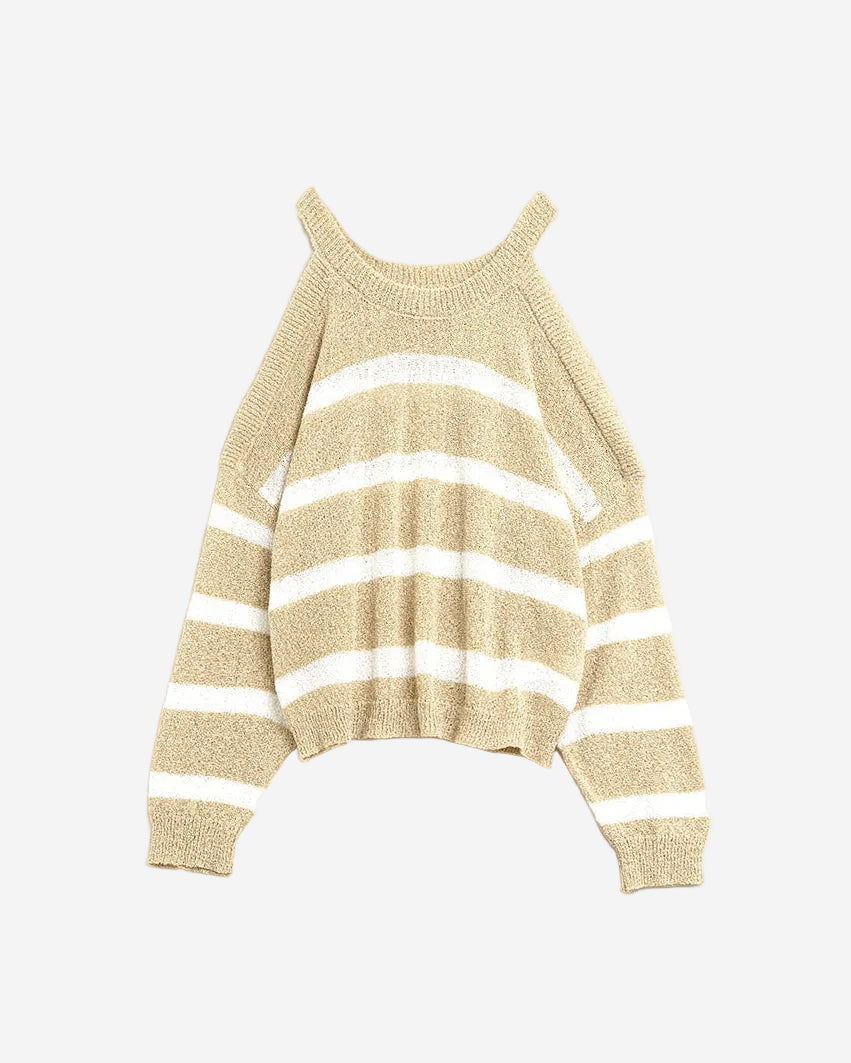 Heather Sweater with Open Shoulders and Horizontal Stripes in Beige