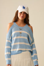 Heather Sweater with Open Shoulders and Horizontal Stripes in Blue