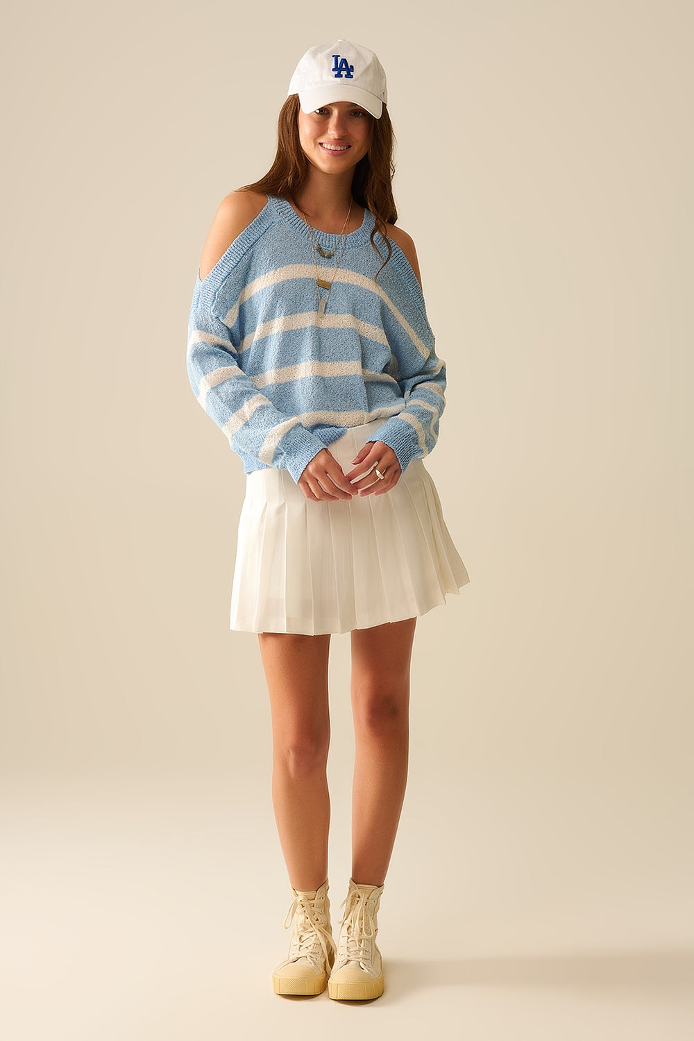 Heather Sweater with Open Shoulders and Horizontal Stripes in Blue