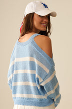 Heather Sweater with Open Shoulders and Horizontal Stripes in Blue