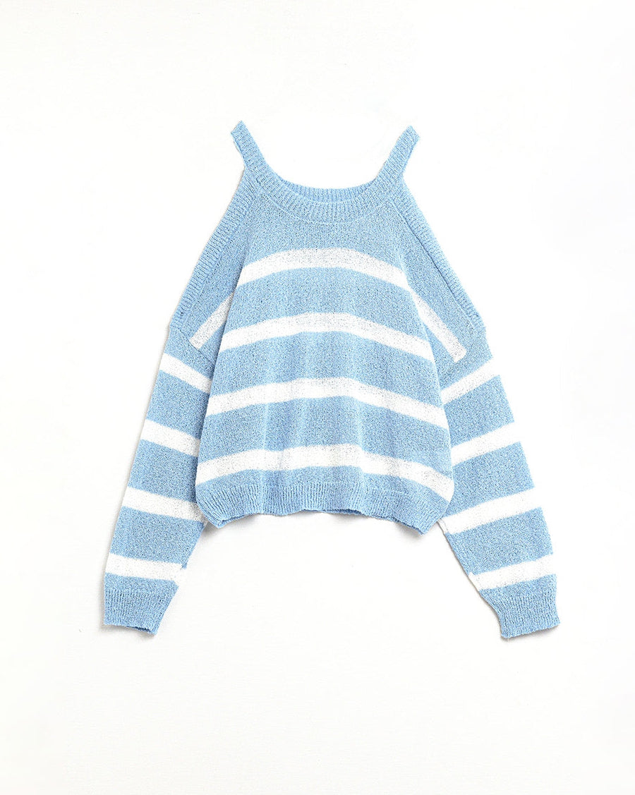 Heather Sweater with Open Shoulders and Horizontal Stripes in Blue
