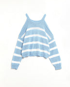 Heather Sweater with Open Shoulders and Horizontal Stripes in Blue