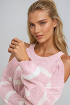 Heather Sweater with Open Shoulders and Horizontal Stripes in Pink
