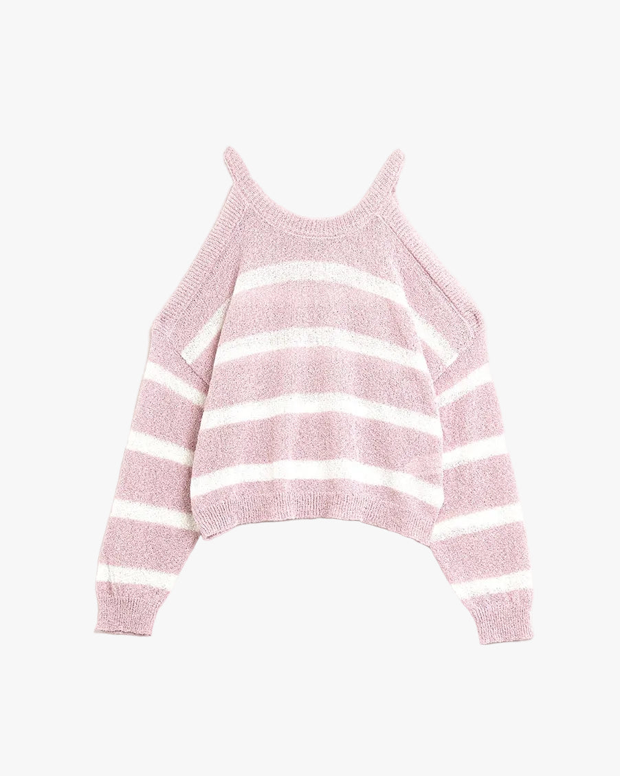 Heather Sweater with Open Shoulders and Horizontal Stripes in Pink