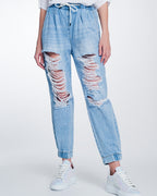 Heavily Ripped Boyfriend Jeans in Light Denim