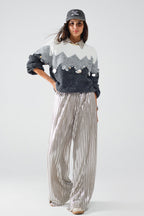 Herringbone Pattern Sweater with Sequin Details in Grey