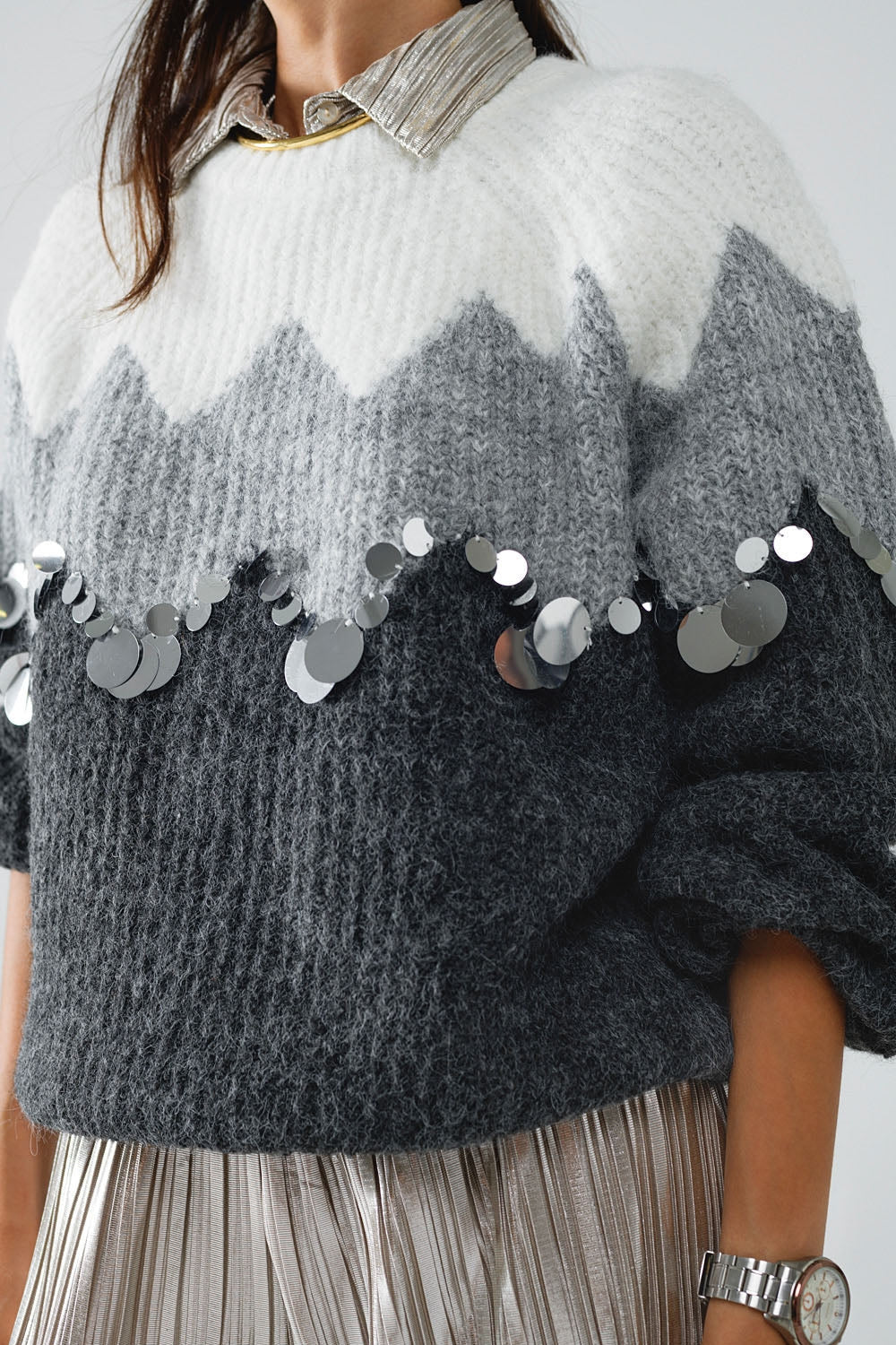 Herringbone Pattern Sweater with Sequin Details in Grey