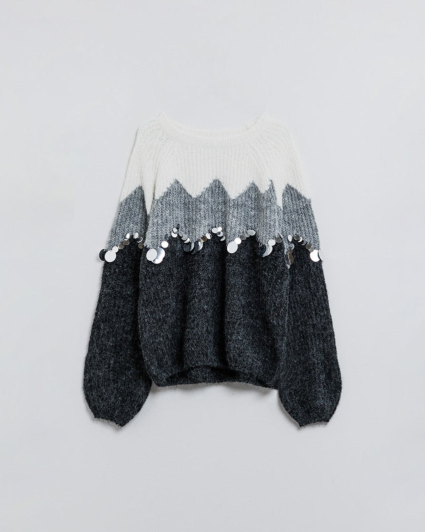 Herringbone Pattern Sweater with Sequin Details in Grey