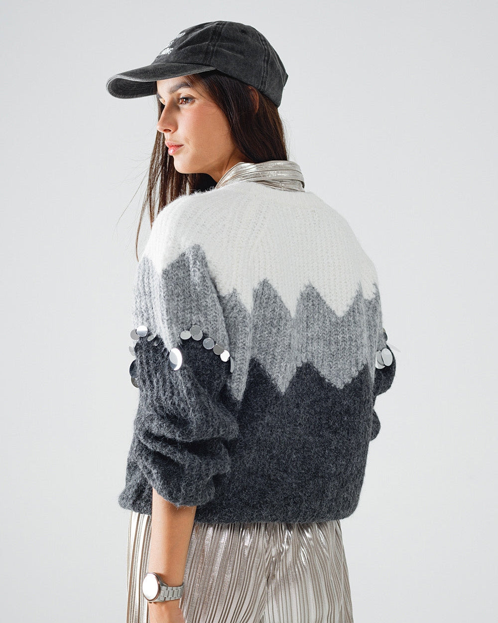 Herringbone Pattern Sweater with Sequin Details in Grey