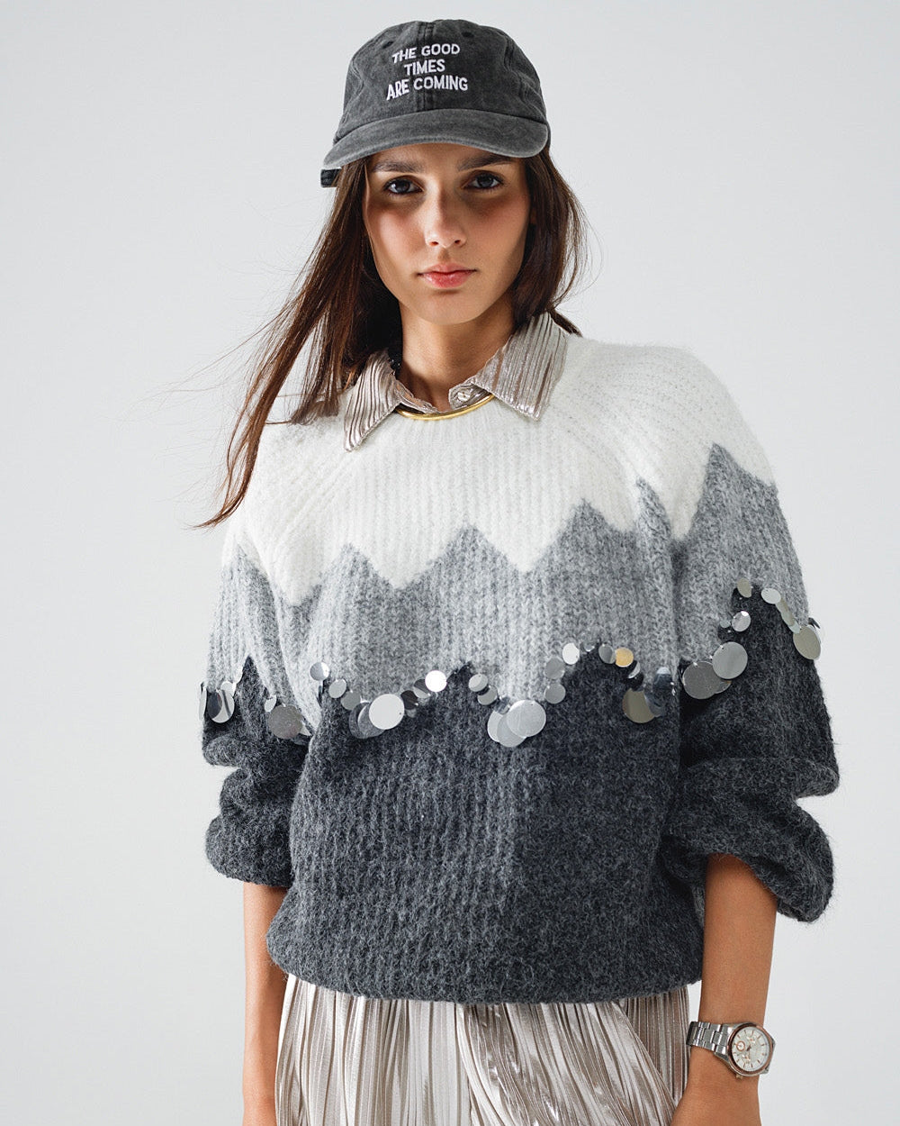 Herringbone Pattern Sweater with Sequin Details in Grey