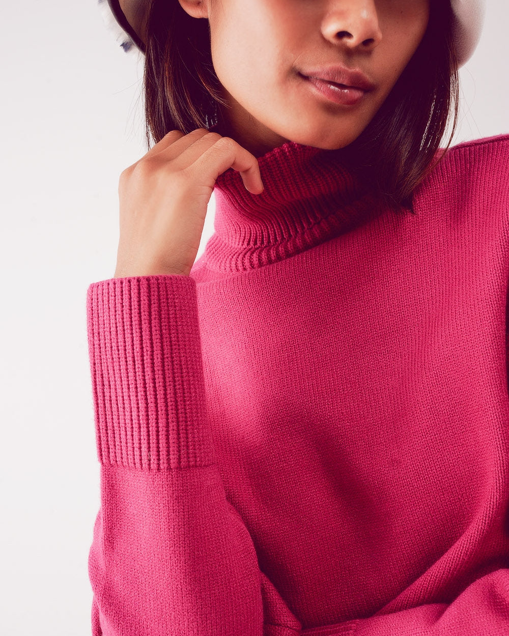 High Neck Cropped Jumper in Fuchsia