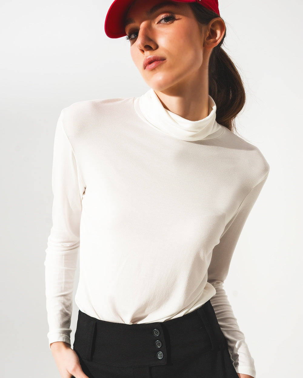 High Neck Long Sleeve Top in Cream Modal