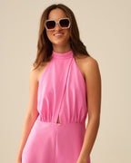 High Neck Pink Jumpsuit With Front Pleat Detail