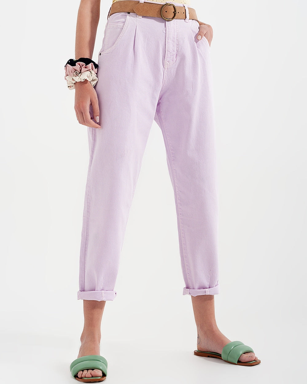 High Rise Mom Jeans with Pleat Front in Lilac
