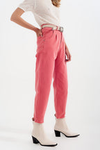High Rise Mom Jeans with Pleat Front in Pink