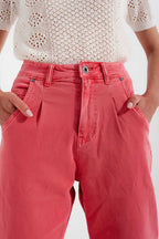 High Rise Mom Jeans with Pleat Front in Pink