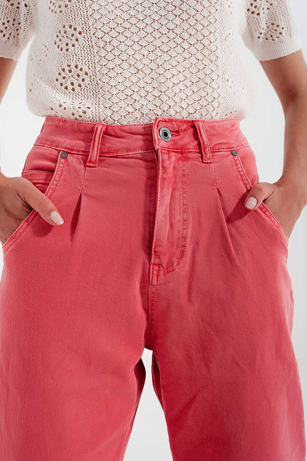 High Rise Mom Jeans with Pleat Front in Pink