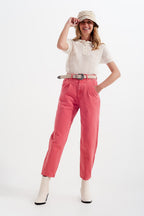 High Rise Mom Jeans with Pleat Front in Pink