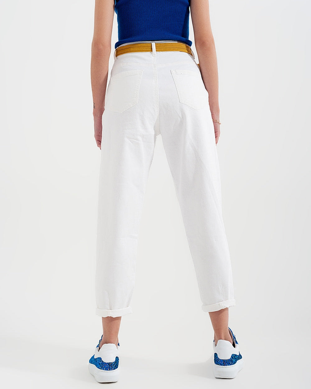 High Rise Mom Jeans with Pleat Front in White