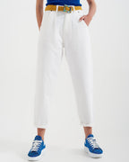 High Rise Mom Jeans with Pleat Front in White