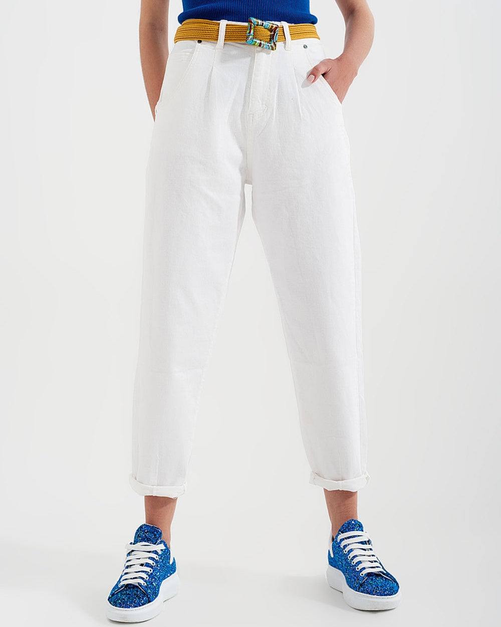 High Rise Mom Jeans with Pleat Front in White