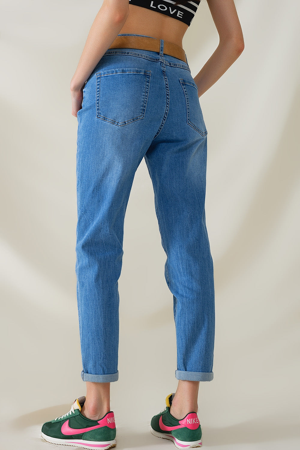 High Waist Mom Jeans in Mid Wash Stretch Denim