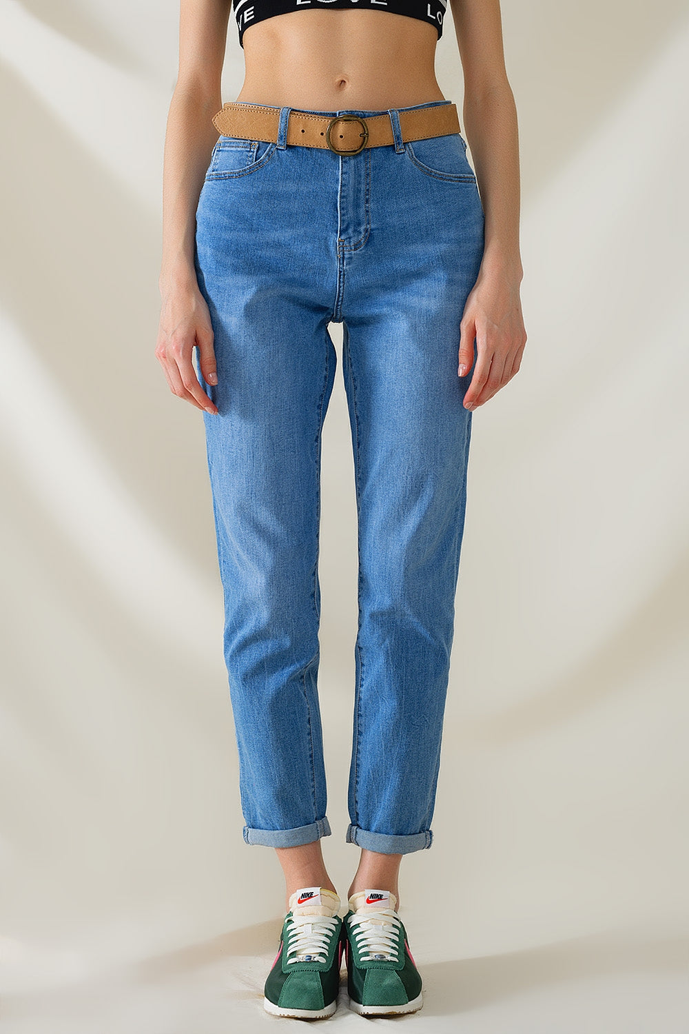 High Waist Mom Jeans in Mid Wash Stretch Denim