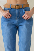 High Waist Mom Jeans in Mid Wash Stretch Denim