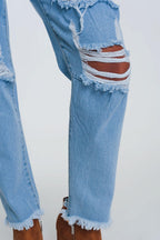 High Waist Mom Jeans with Busted Knees in Light Denim