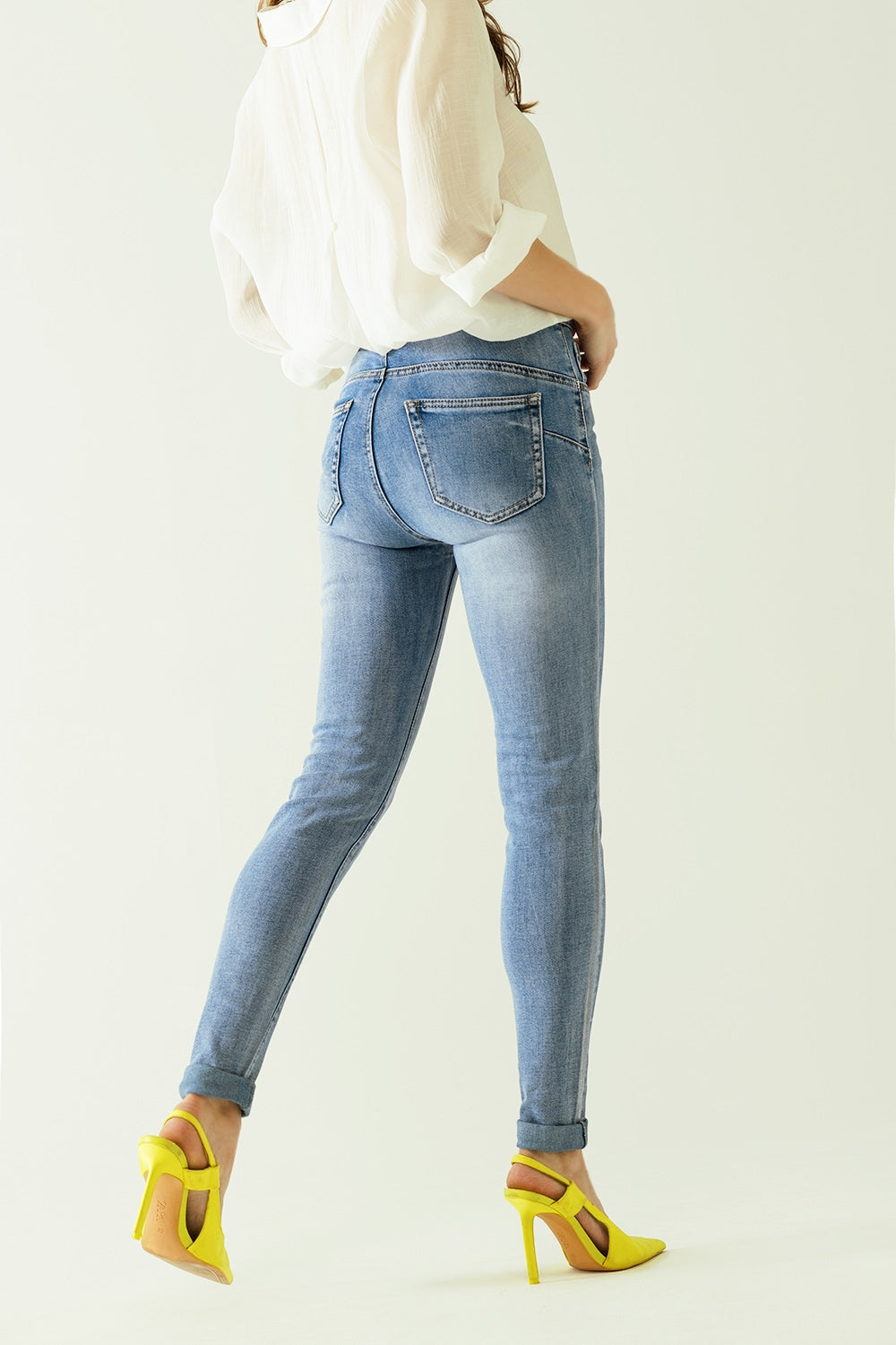 High-Waisted Jeans with Five Pockets and Silver Powder-Coated Effect