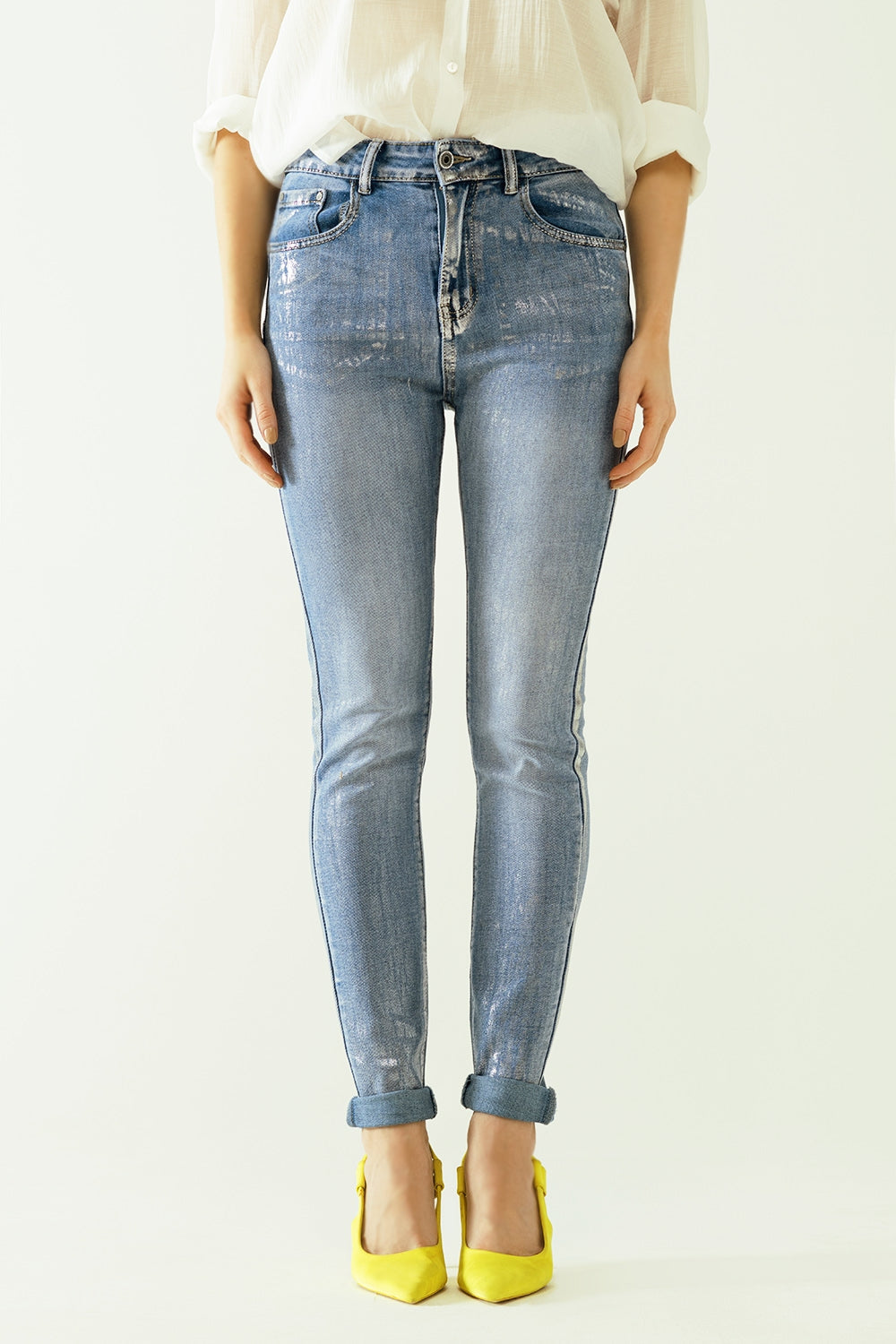 High-Waisted Jeans with Five Pockets and Silver Powder-Coated Effect