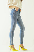 High-Waisted Jeans with Five Pockets and Silver Powder-Coated Effect