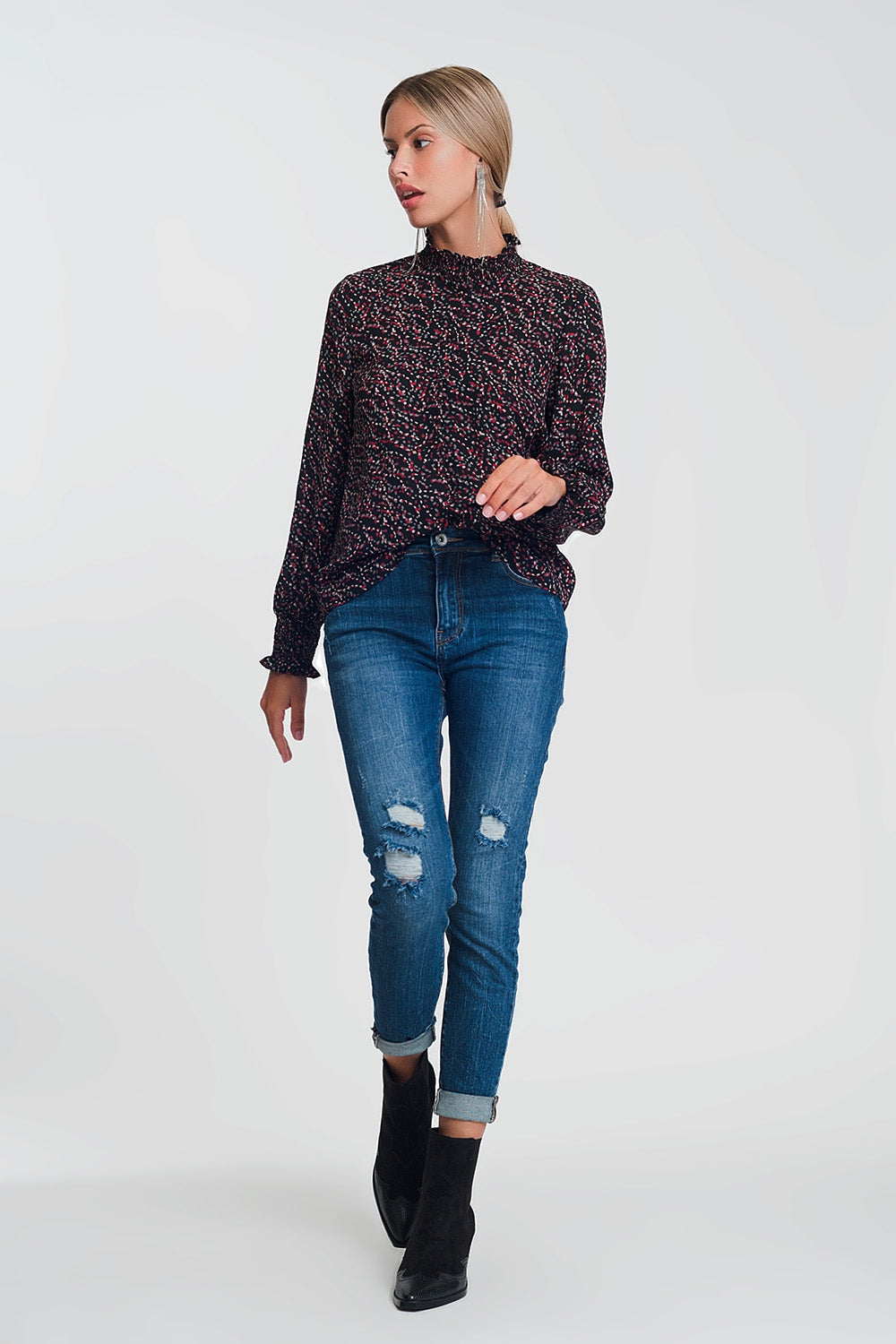 High Waisted Skinny Jeans in Dark Wash Blue with Ripped Details