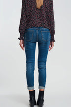 High Waisted Skinny Jeans in Dark Wash Blue with Ripped Details