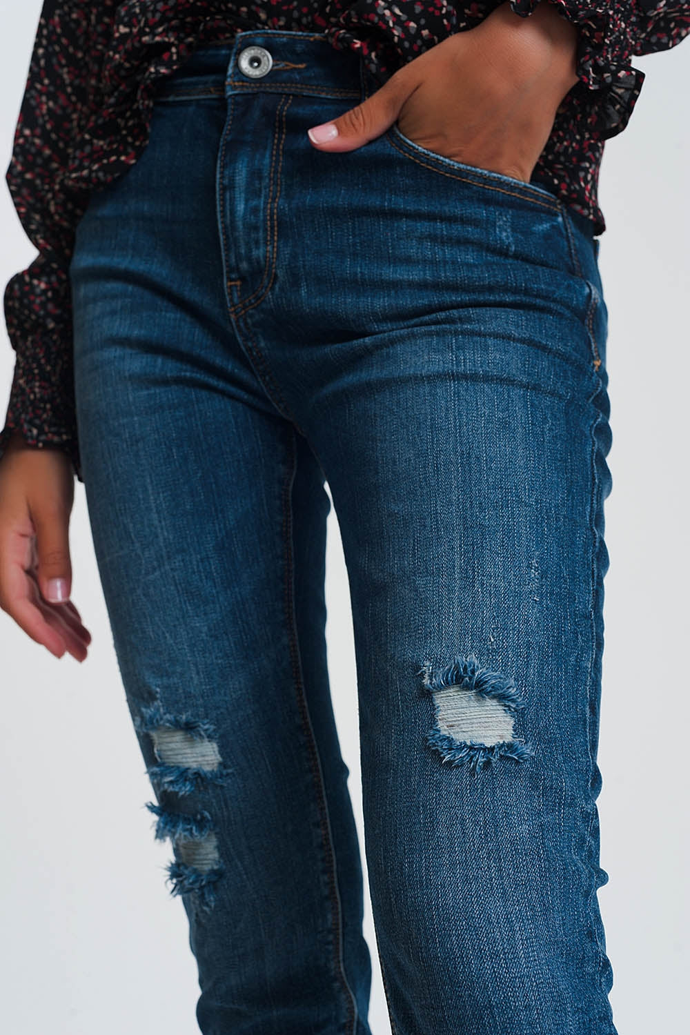 High Waisted Skinny Jeans in Dark Wash Blue with Ripped Details