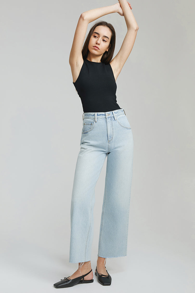 Moon Curve Raw Hem Crop Jeans | HJ129