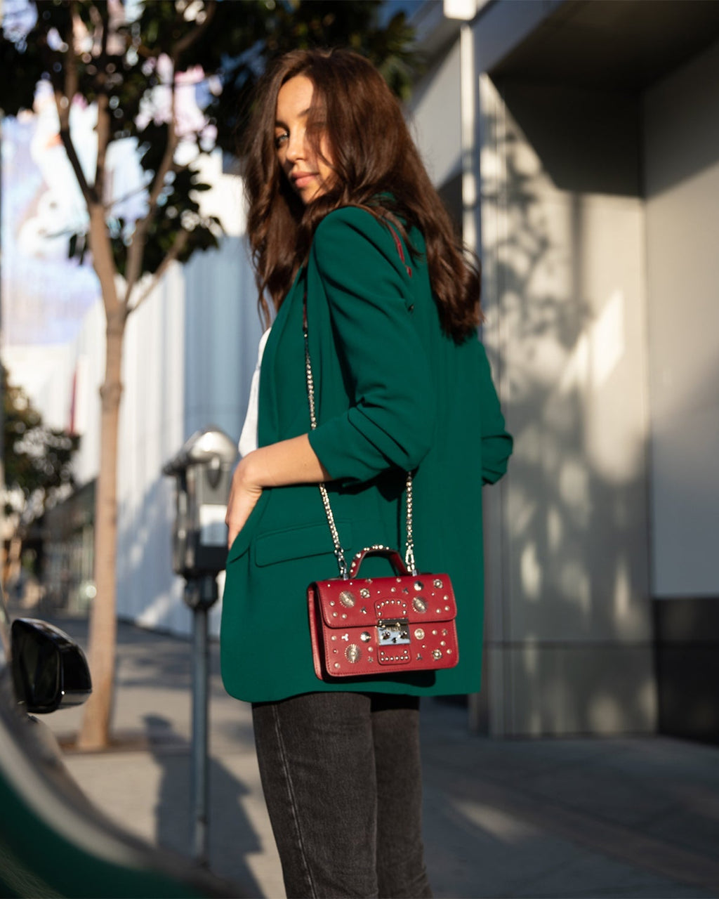 Studded Small Leather Crossbody Purse Bag | Burgundy