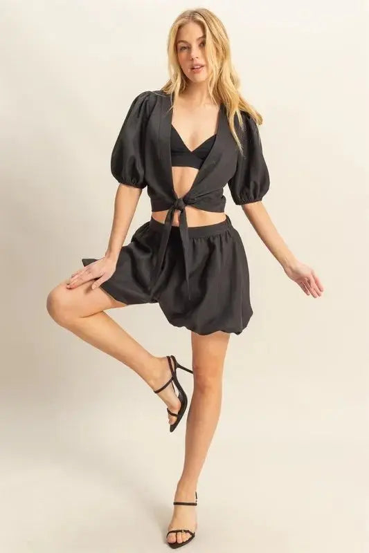 Women's Tie Front Top & Shorts Summer Casual Set | Black