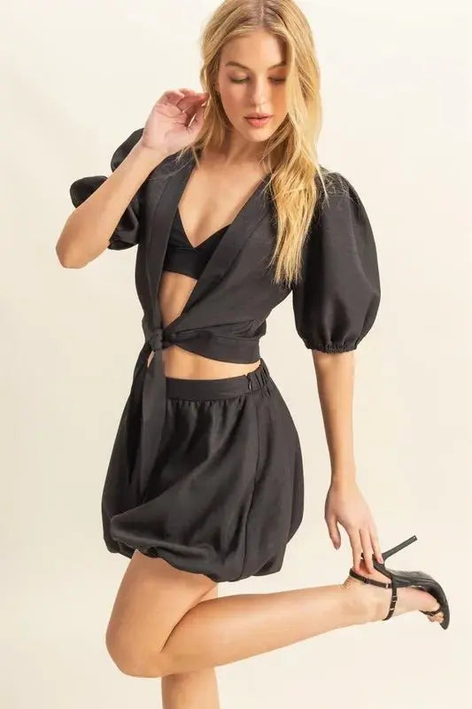 Women's Tie Front Top & Shorts Summer Casual Set | Black