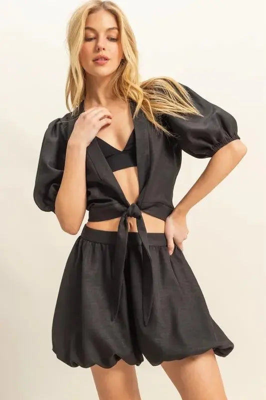 Women's Tie Front Top & Shorts Summer Casual Set | Black