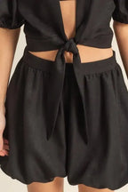 Women's Tie Front Top & Shorts Summer Casual Set | Black
