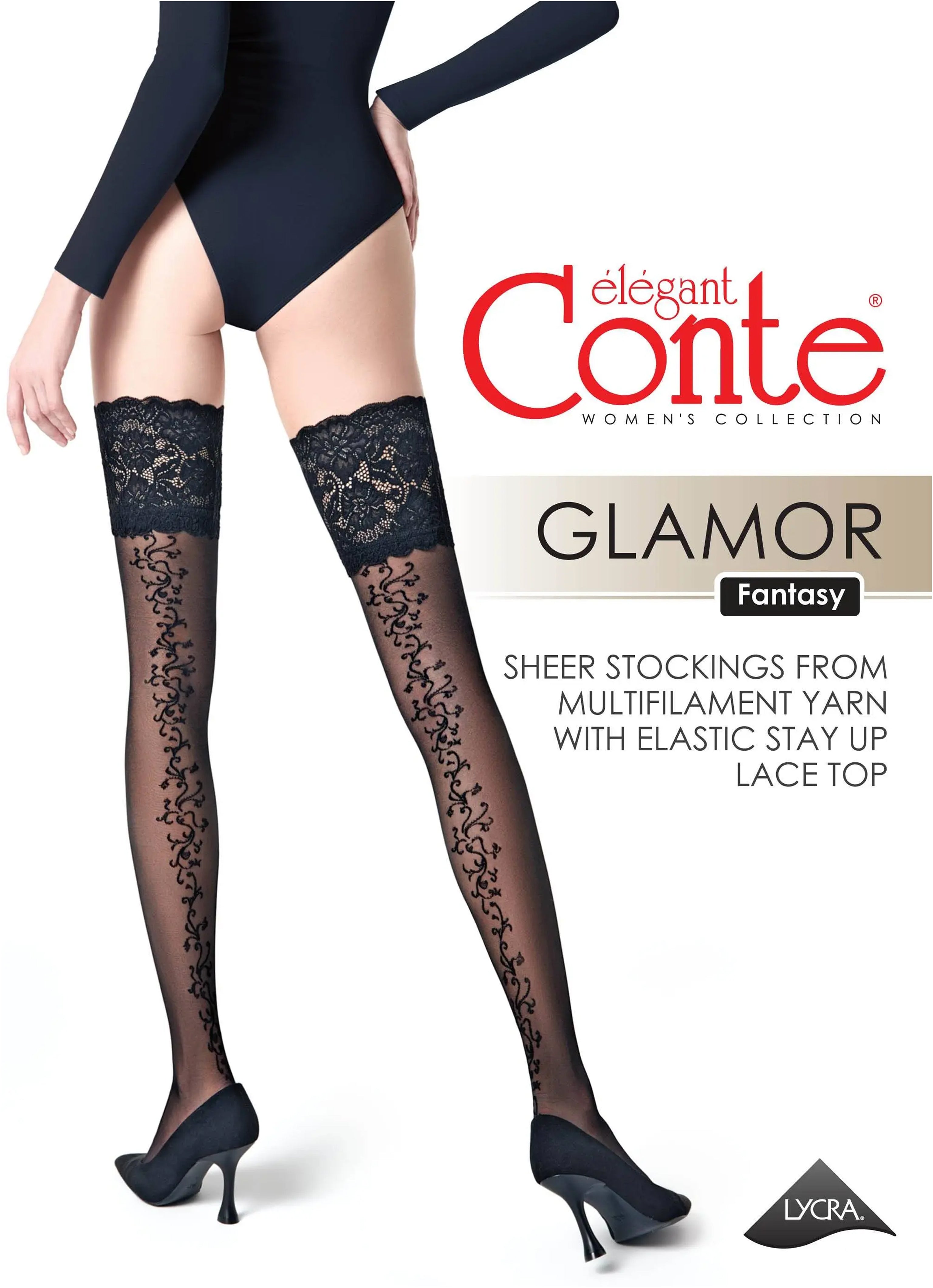 Conte Glamor Fantasy Stockings | Openwork Elastic Band and Floral Pattern