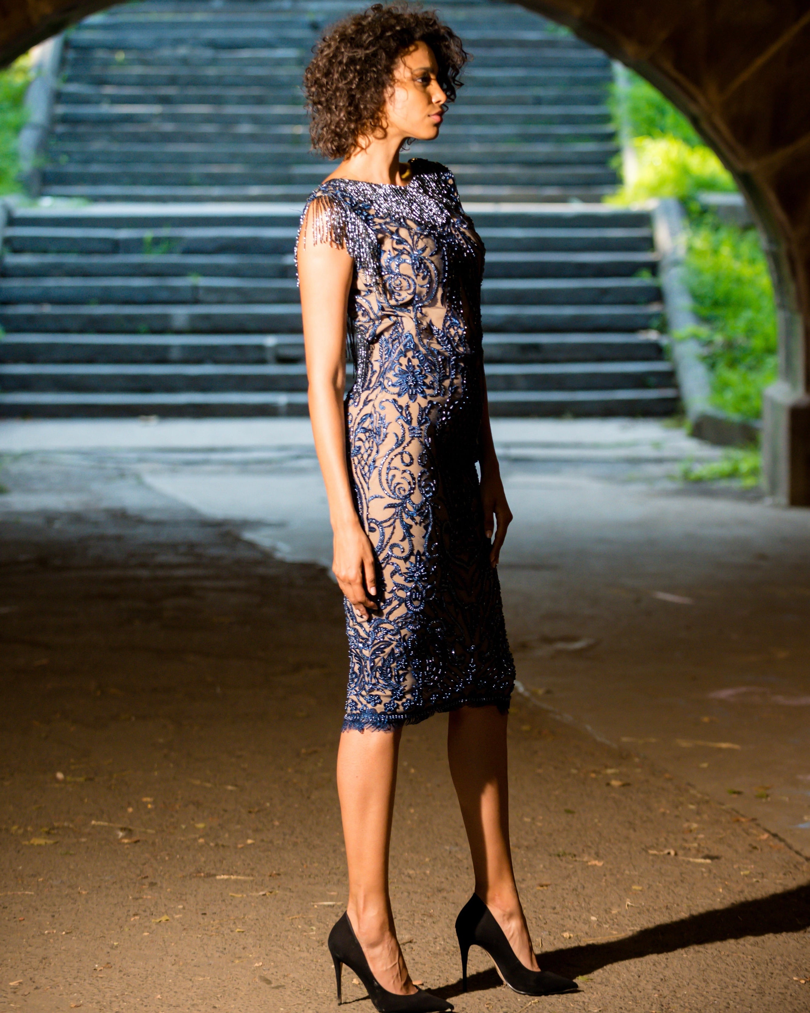 The Boat Neck Beaded Fringe Sheath Classic