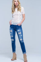 Jean with Shredded Rips and Raw-Cut Cuffs